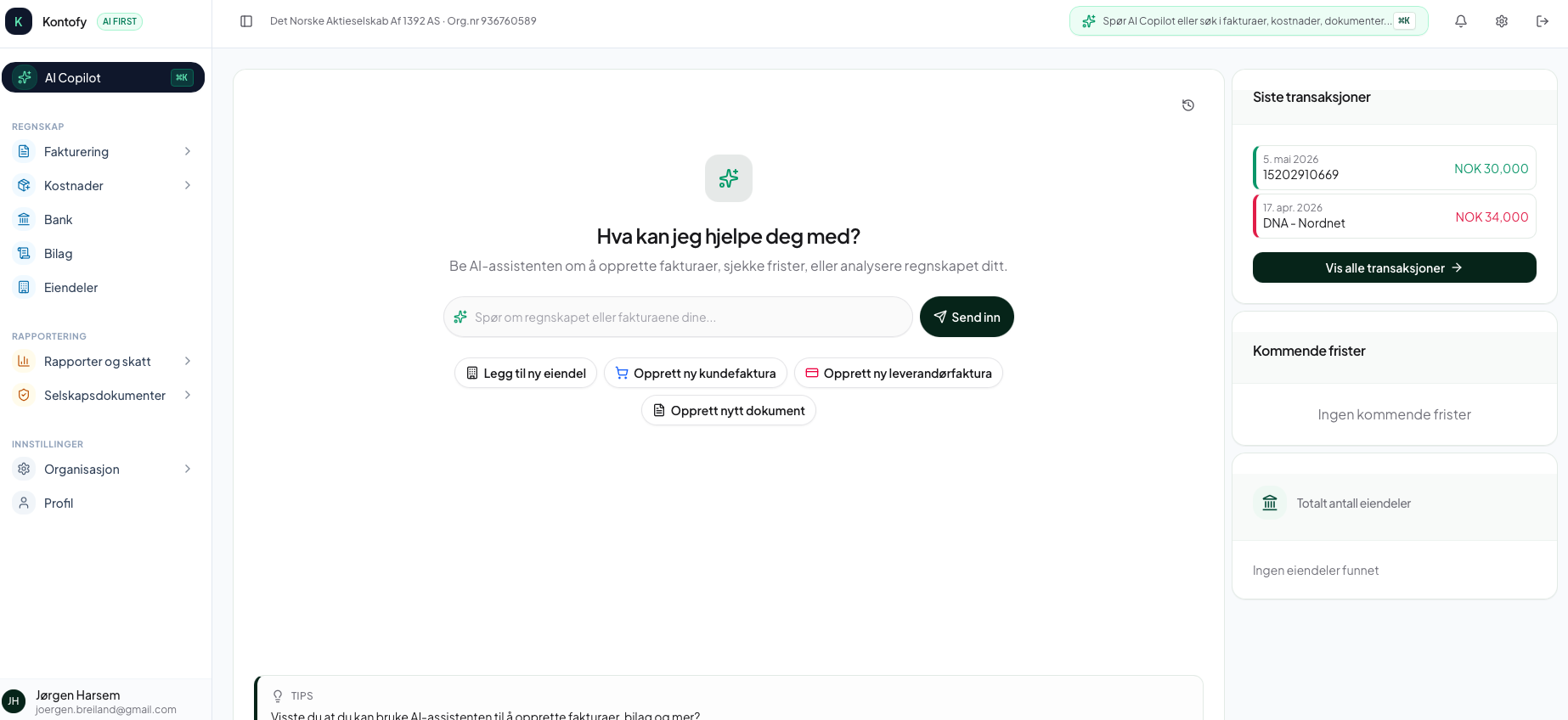 Kontofy AI Copilot med oversikt over regnskap, transaksjoner og frister